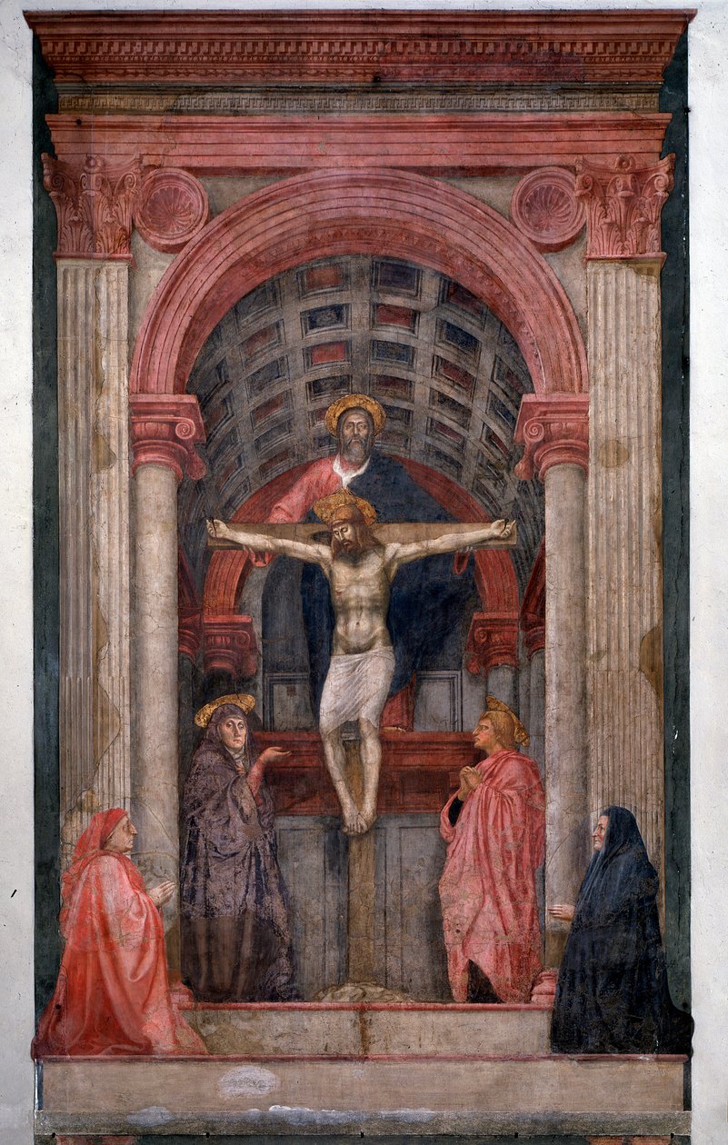 Treenighetsguden, Jesus Kristus korsfester, omgir Johannes og Jomfruen med to givere - Fresco av Tommaso Masaccio