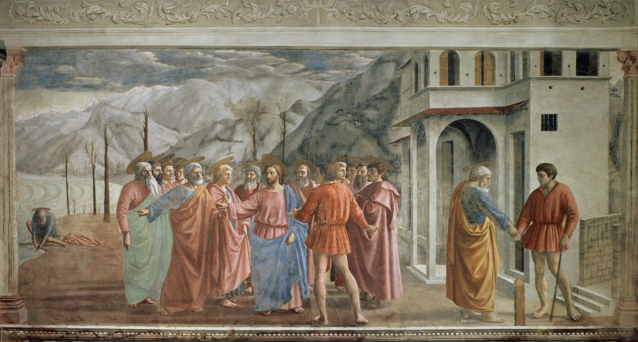 Tribute Money - Le paiement du tribut (Hyllesten) - Fresco av Tommaso di ser Giovanni di Mone Cassai dit Masaccio (1401-1428), 254,5x598,3 cm av Tommaso Masaccio