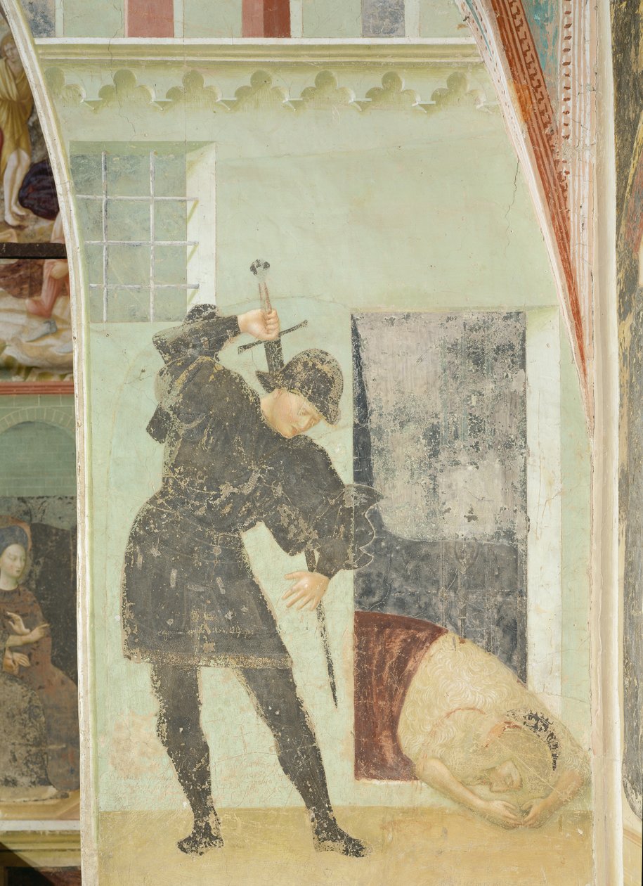 Livssyklusen til døperen Johannes: Soldat i ferd med å halshugge døperen Johannes av Tommaso Masolino da Panicale