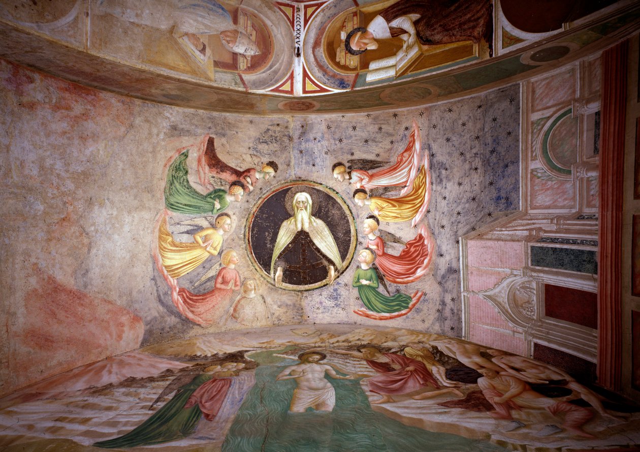 Livssyklusen til døperen Johannes: "" Gud Faderen omgir engler"", dåpen til Kristus og den hellige Hieronymus i hans studie - av Tommaso Masolino da Panicale