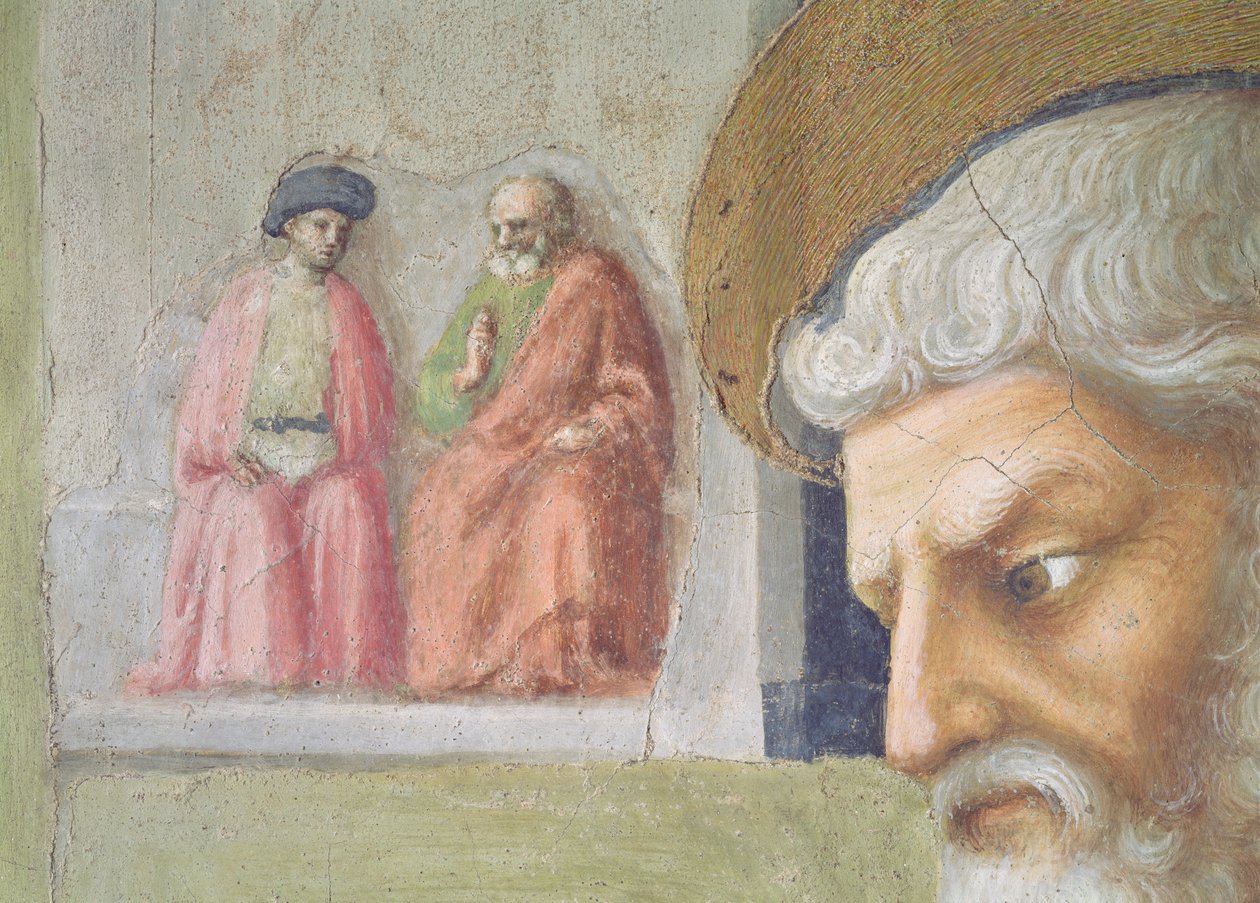 St. Peter helbreder en krøpling og heving av Tabitha Detalj av St. Peters hode med to sittende skikkelser i det fjerne, freskomaleri ca. 1427, se også 57195 av Tommaso Masolino da Panicale