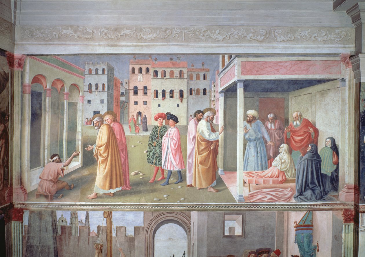 St. Peter helbreder en krøpling, og hevingen av Tabitha, freskomaleri ca. 1427, se 60508 for detaljer om sistnevnte av Tommaso Masolino da Panicale