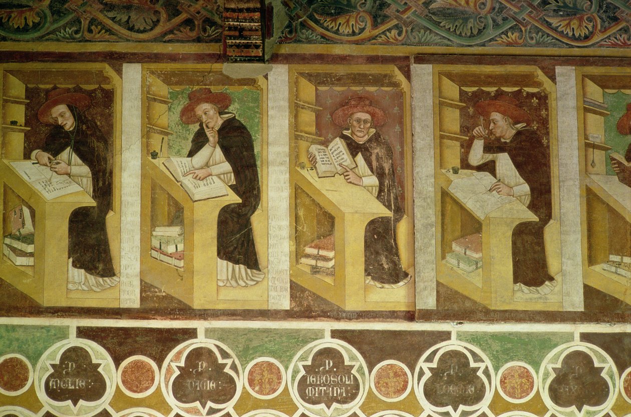 Fire dominikanske munker ved skrivebordet deres, fra syklusen til "Forty Illustrious Members of the Dominican Order", i kapittelhuset, 1342 av Tommaso da Modena