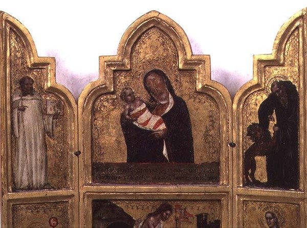 Madonna og barn med St. Benedict og St. Hieronymus, øverste halvdel av triptyken (se også 78652) av Tommaso da Modena Barisino or Rabisino