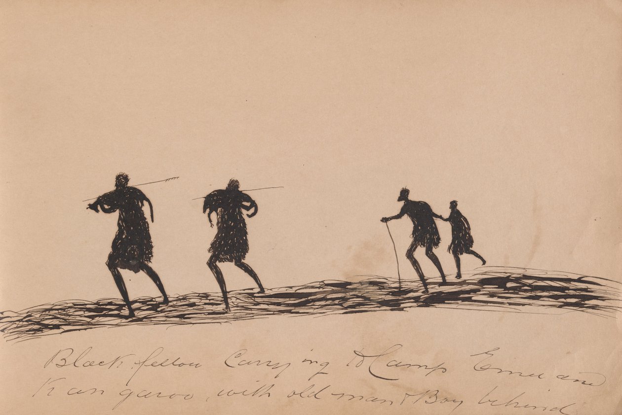 Kwatkwat -folk - Svart kar som bærer til leiren emu og kenguru med gammel mann og gutt bak -Sketchbook of Aboriginal ... av Tommy McRae