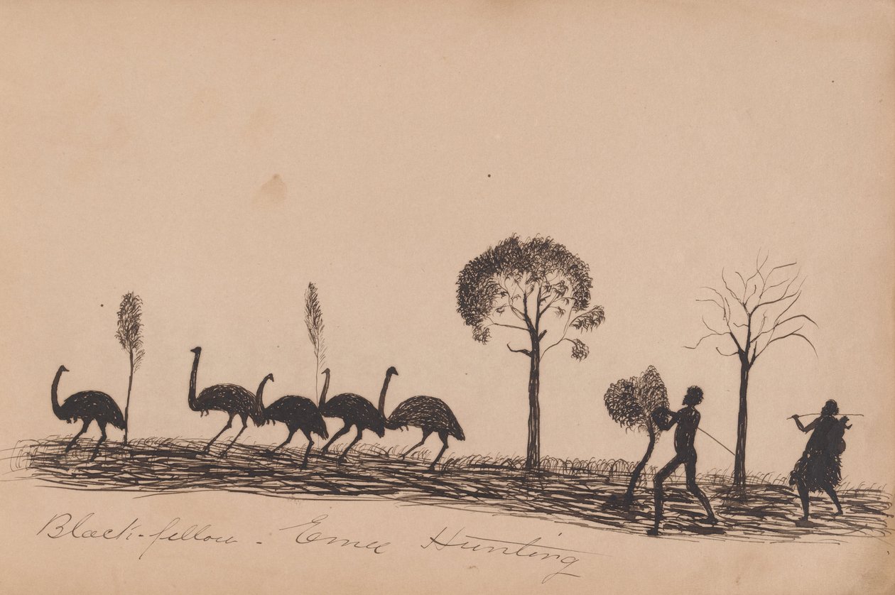Kwatkwat -folk - Black fellow emu hunting -Sketchbook of Aboriginal activities av Tommy McRae