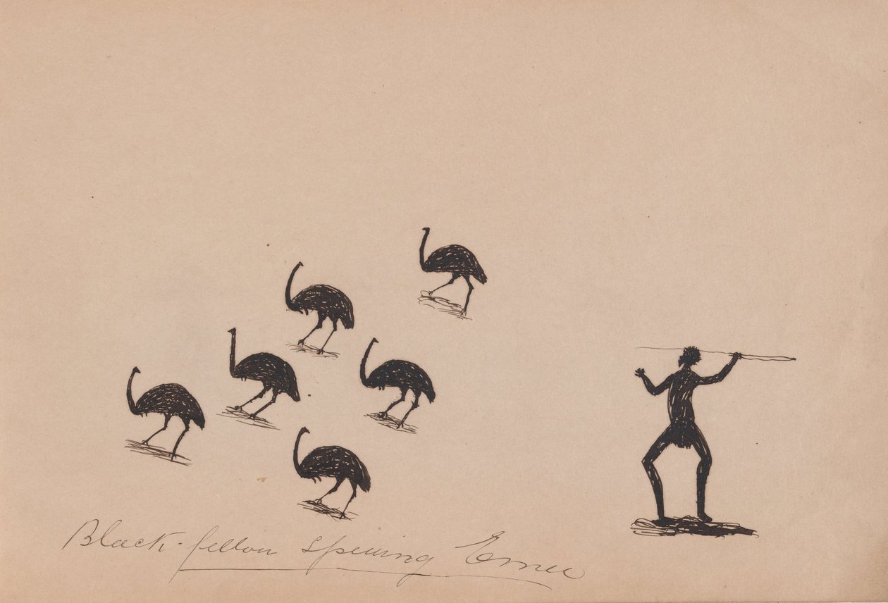 Kwatkwat -mennesker - Black fellow spearing emu -Sketchbook of Aboriginal activities av Tommy McRae