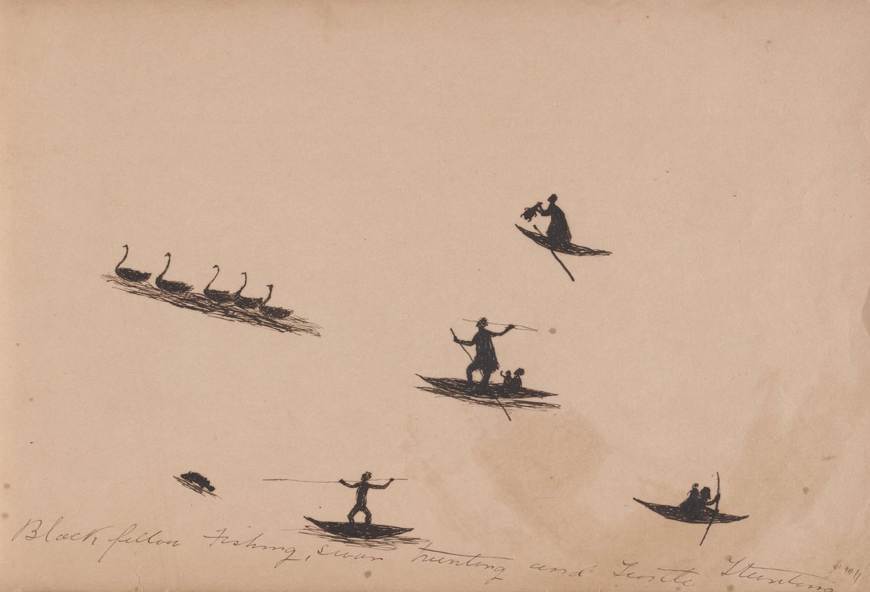 Kwat Kwat -mennesker - fiske av svarte stipendiater, svanejakt og skilpaddejakt - Sketchbook of Aboriginal activities av Tommy McRae