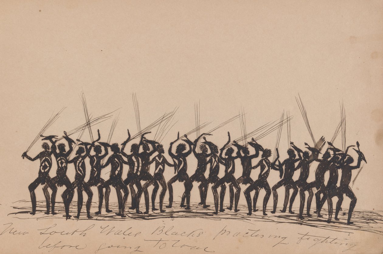 Kwat Kwat -folk - New South Wales -svarte som øver på å slåss før de dro til krig - Sketchbook of Aboriginal activities av Tommy McRae
