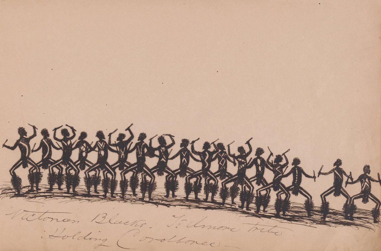 Kwatkwat -folk - viktorianske svarte - Kilmore -stammen som holder corroboree -Sketchbook of Aboriginal -aktiviteter av Tommy McRae