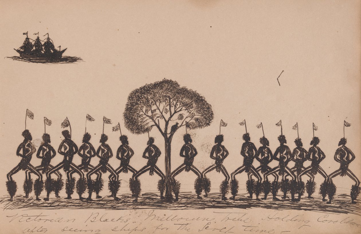 Kwatkwat -folk - viktorianske svarte - Melbourne -stamme som holder corroboree etter å ha sett skip for første gang - Sketchbo ... av Tommy McRae