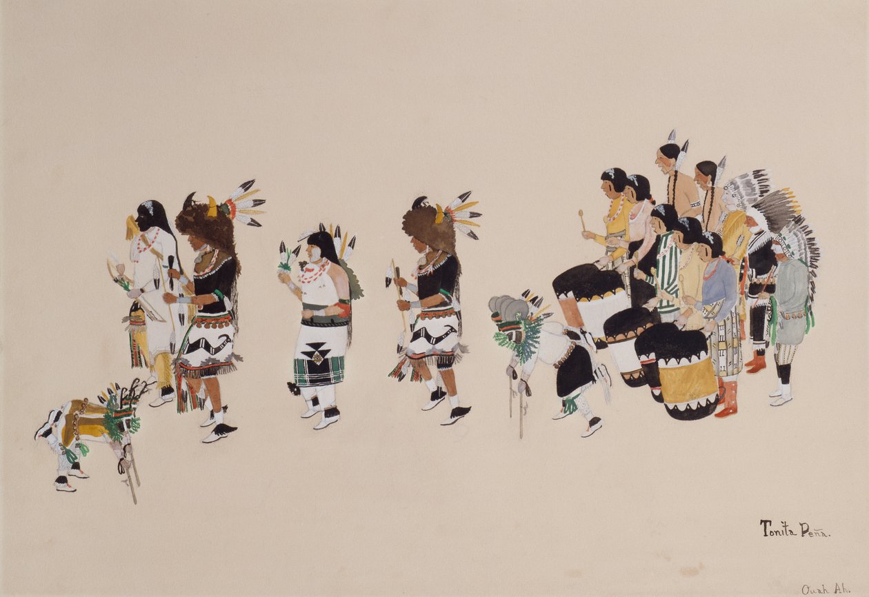 Buffalo Dance Chorus, ca. 1930-39 (tempera om bord) av Tonita Peña