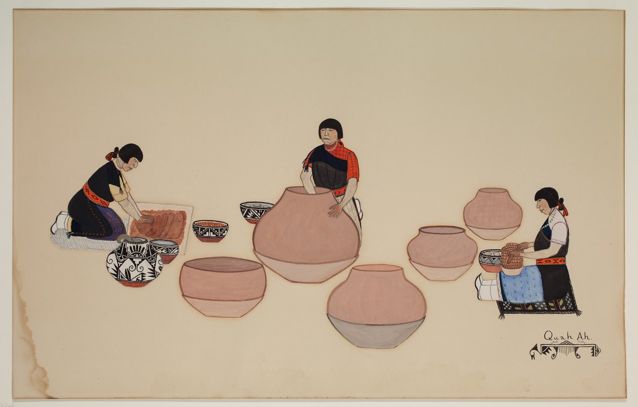 Women Working Clay, Shaping Vessels, tidlig 20. århundre, tidlig 20. århundre (kasein på papir) av Tonita Peña