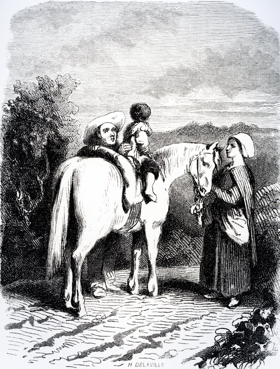 Marie og lille Pierre på en hest, illustrasjon fra 'The Devil's Pool' av George Sands, 1851 av Tony Johannot