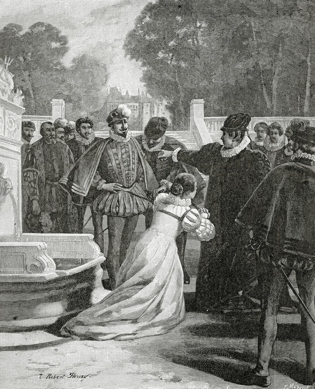Dronning Elizabeth og jarlen av Leicester, 1800-tallet (bw-gravering) av Tony Robert Fleury