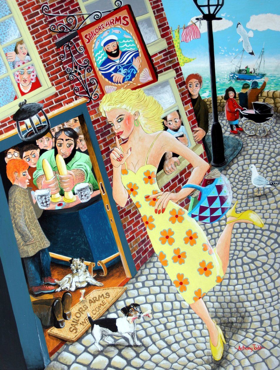 Gossamer Beynon skolelæreren passerer Sailors Arms og hennes mange beundrere, 2005 (akryl på panel) av Tony Todd
