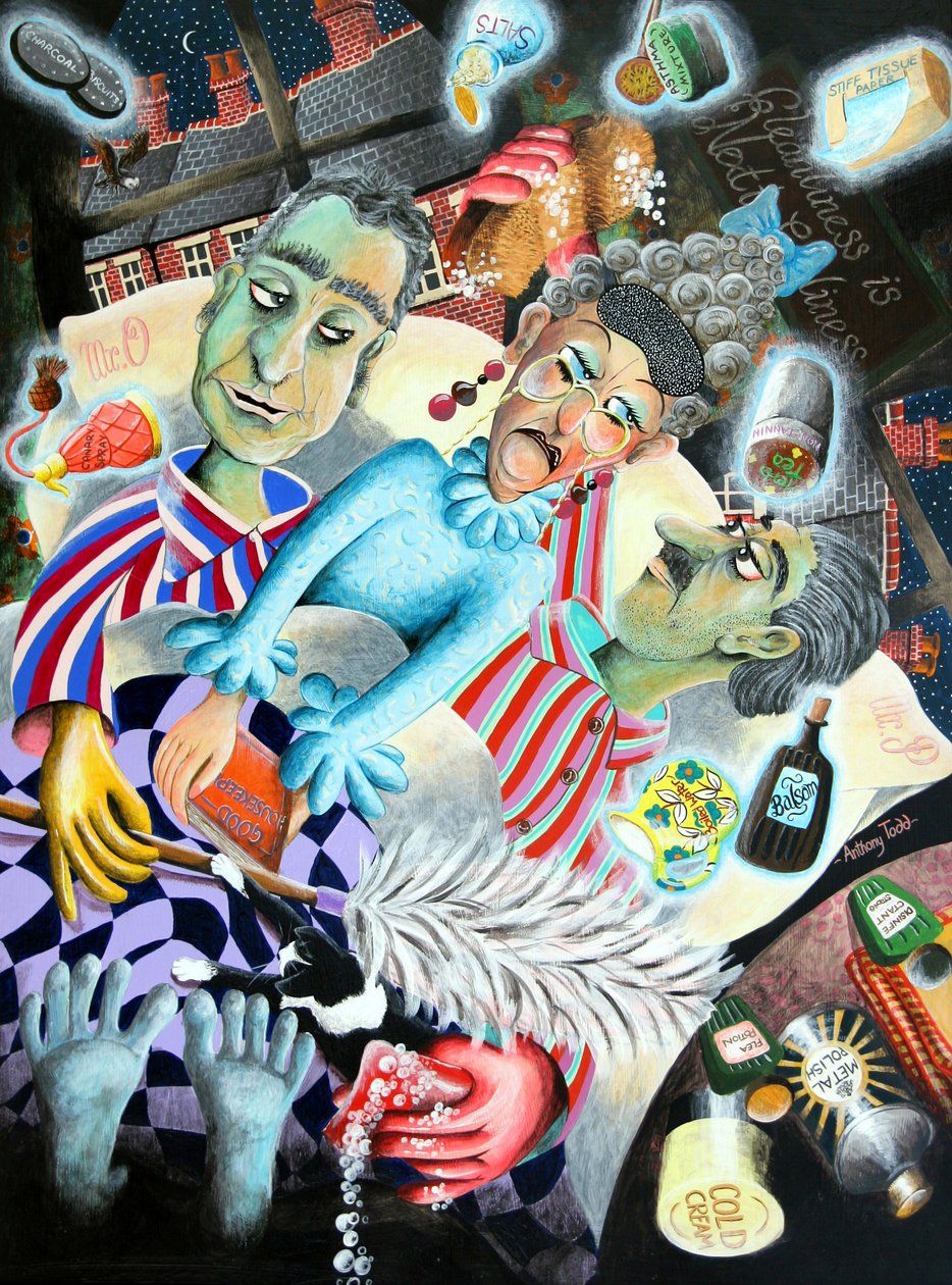 Mrs. Ogmore-Pritchard maser nattlig på sine spøkelsesaktige ektemenn, 2005 (akryl på panel) av Tony Todd