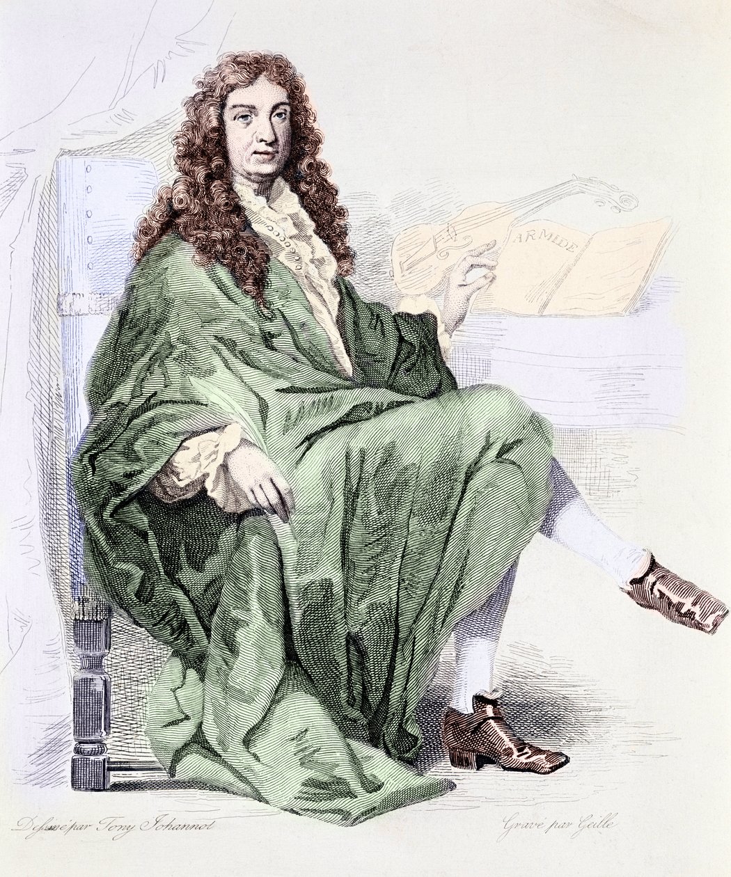 Portrett av Giovanni Battista Lulli eller Jean-Baptiste Lully (1632-1687) komponist ved hoffet til kong Louis XIV - Gravering (Portrett av komponisten Jean Baptiste Lully) Privat samling av Tony (after) Johannot