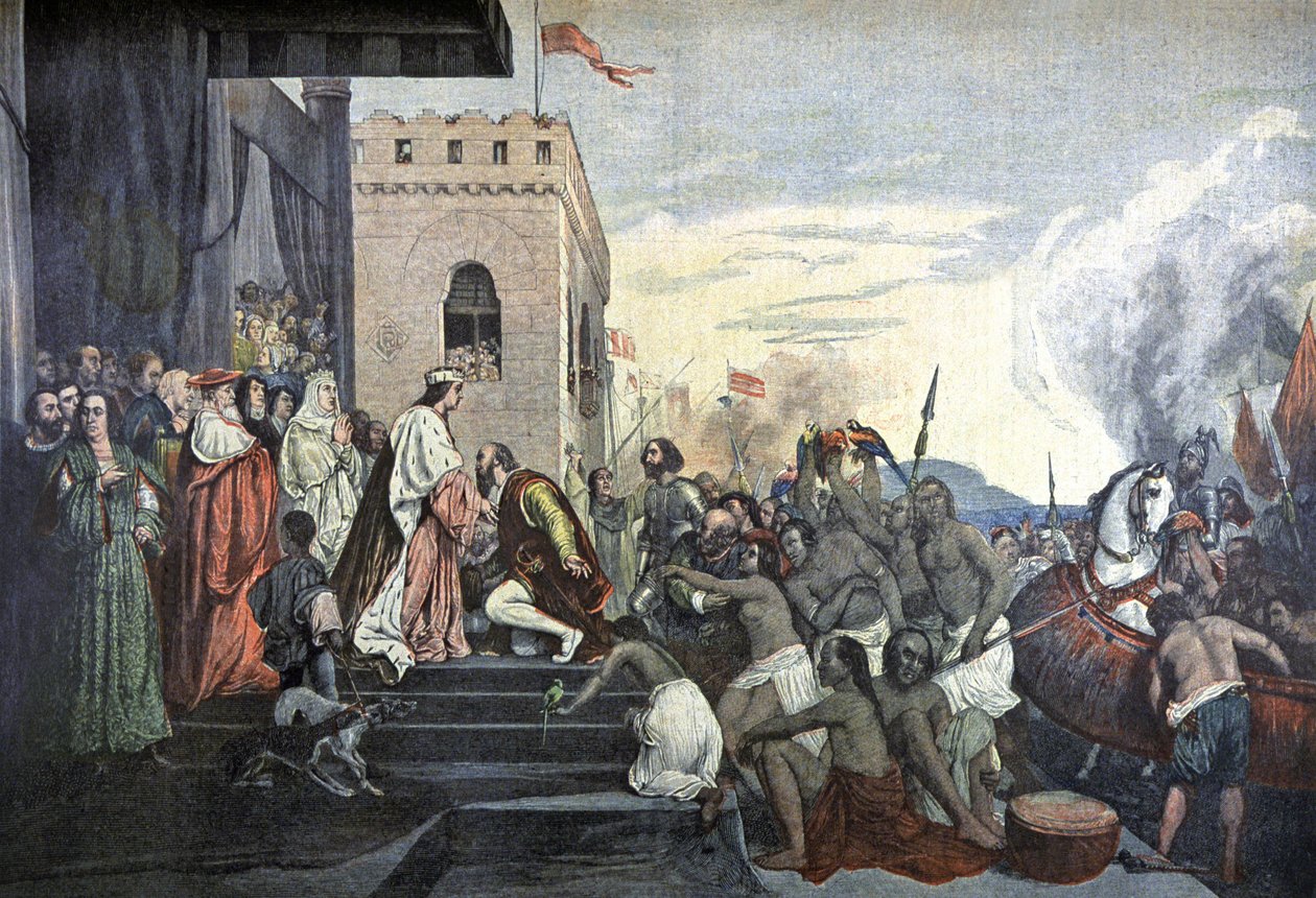 Mottakelse av Christopher Columbus ved det spanske hoffet i Barcelona av Tony (after) Robert Fleury