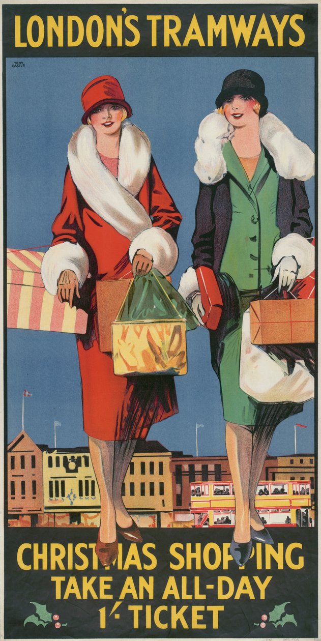 "Julehandel, ta en heldagsbillett", London County Council LCC Tramways-plakat, 1926 av Tony Castle