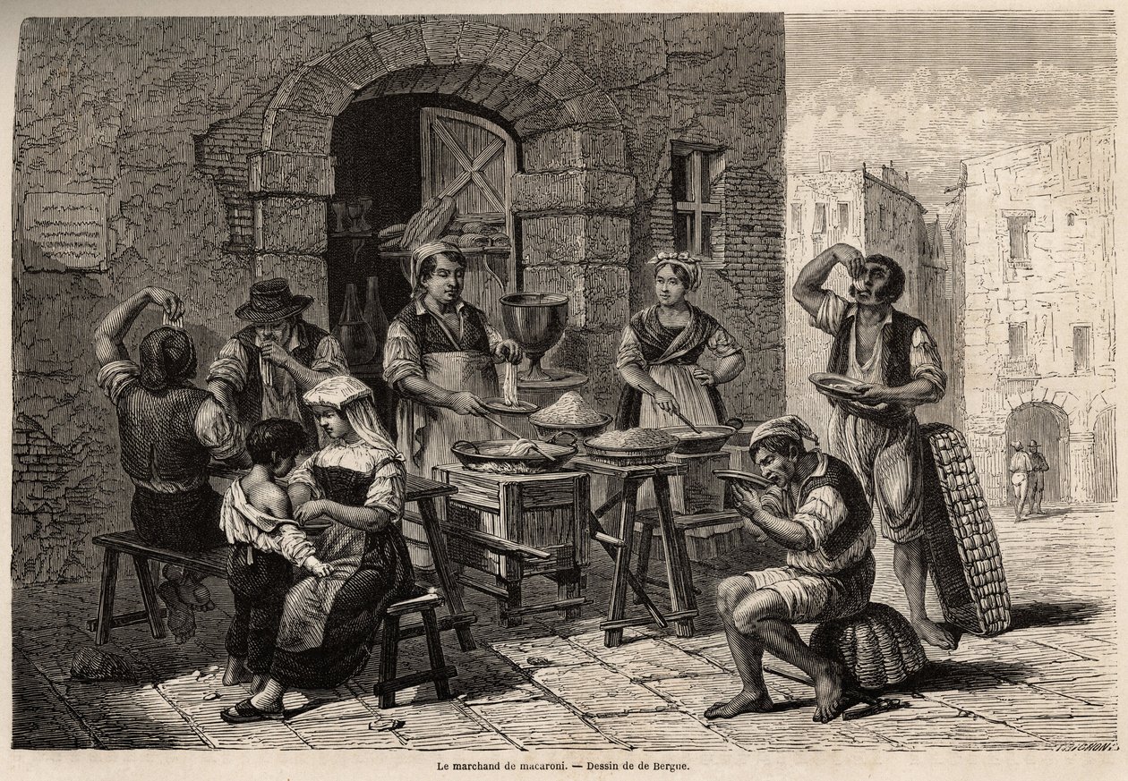 Makaronihandleren, tegning av Bergue, for å illustrere Napoli og napolitanerne, i 1861, av Marc Monnier (1829-1885). Gravering i “” Le tour du monde”” 1861. Selvas samling. av Tony Francois de Bergue