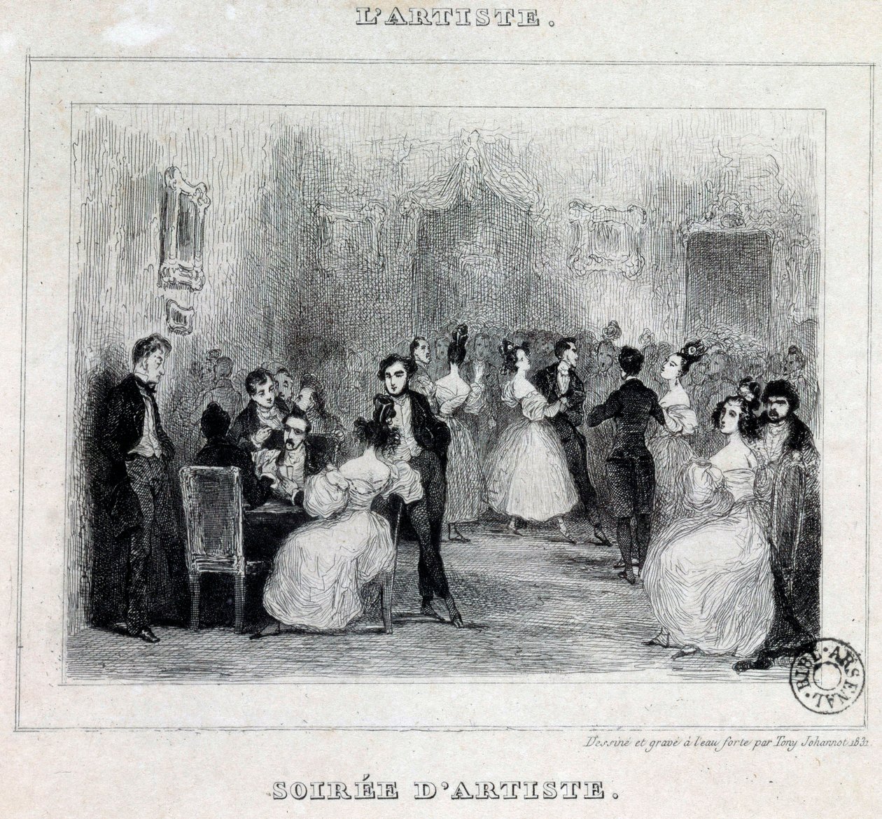 En kunstneraften: ball- og kortspill under en borgerlig aften Tegning av Antoine Johannot dit Tony Johannot (1803-1852) 1831 Paris, Bibliotheque de l