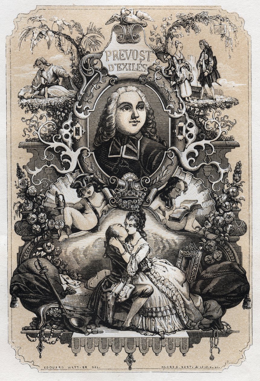 Frontispice of “Histoire de Manon Lescaut et du Chevalier Des Grieux” by Abbe Prevost (Antoine Francois Prevost) (1697-1763) - Edition of 1839 illustrated by Tony Johannot (1803-1852) av Tony Johannot