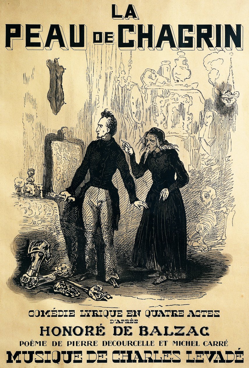 Plakat for Le peau de chagrin, komisk opera, libretto av Pierre Decourcelle og Michel Carre, musikk av Charles Levade, fra roman av Honore De Balzac, Tegning av Tony Johannot av Tony Johannot