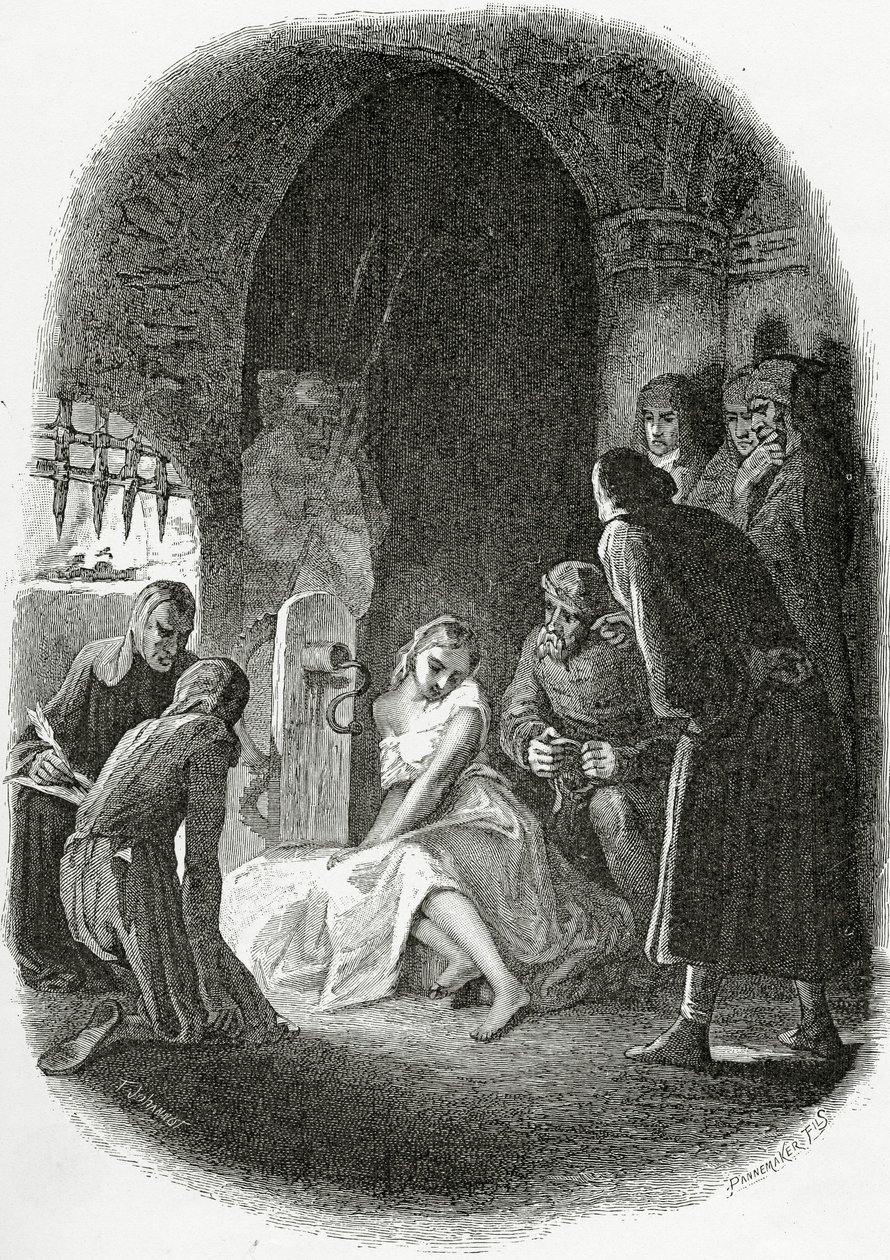 Forhøret av Esmeralda - illustrasjon fra Notre Dame de Paris, 1800-tallet (bw gravering) av Tony Johannot