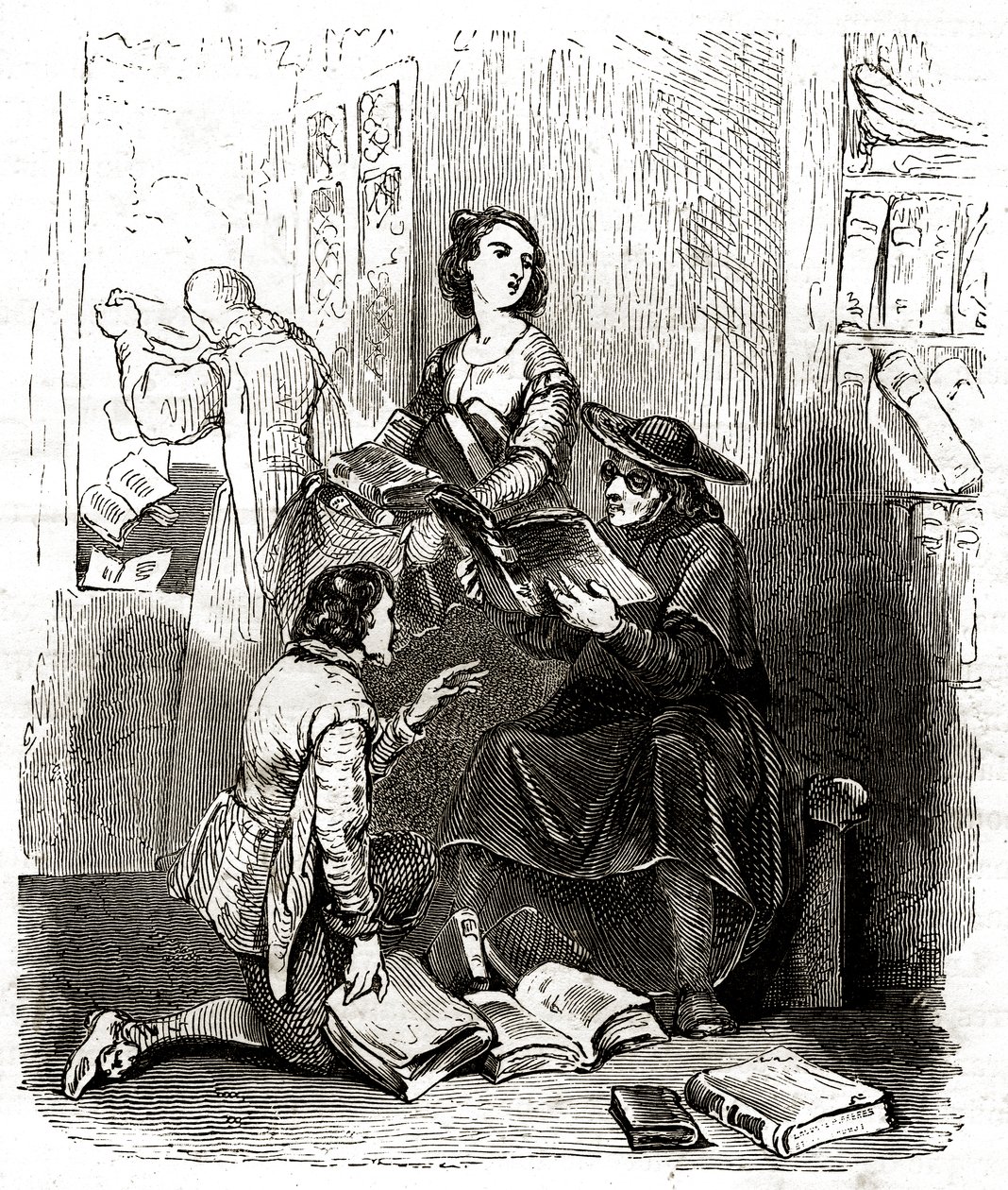 Presten Pero Perez og barbereren Nicolas inspiserer bøkene i Don Quixotes bibliotek, ca. 1850 (illustrasjon) av Tony Johannot