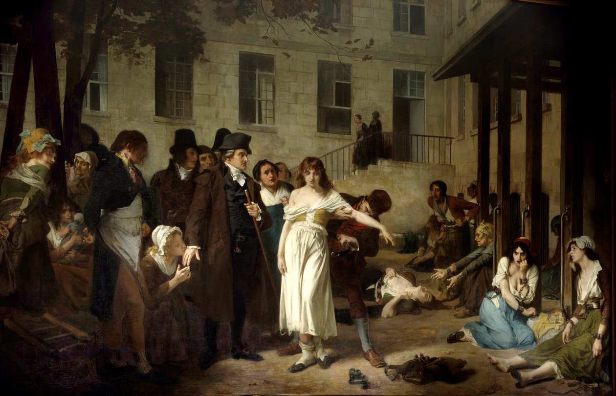 Doktor Philippe Pinel (1745-1826) frigjorde romvesenene i lenkene deres i 1795 ved Salpetriere Hospital i Paris, Maleri av Tony Robert Fleury (1837-1912) 1800-tallets Paris, Salpetriere Hospital av Tony Robert Fleury