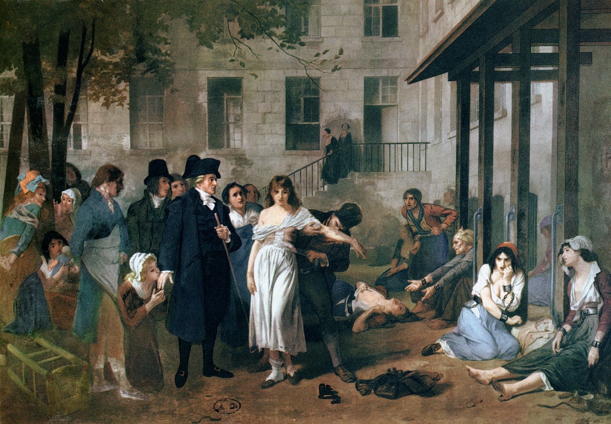 Philippe Pinel (1745-1826) løslater galninger fra lenkene sine på Salpetriere-asylet i Paris i 1795 av Tony Robert Fleury