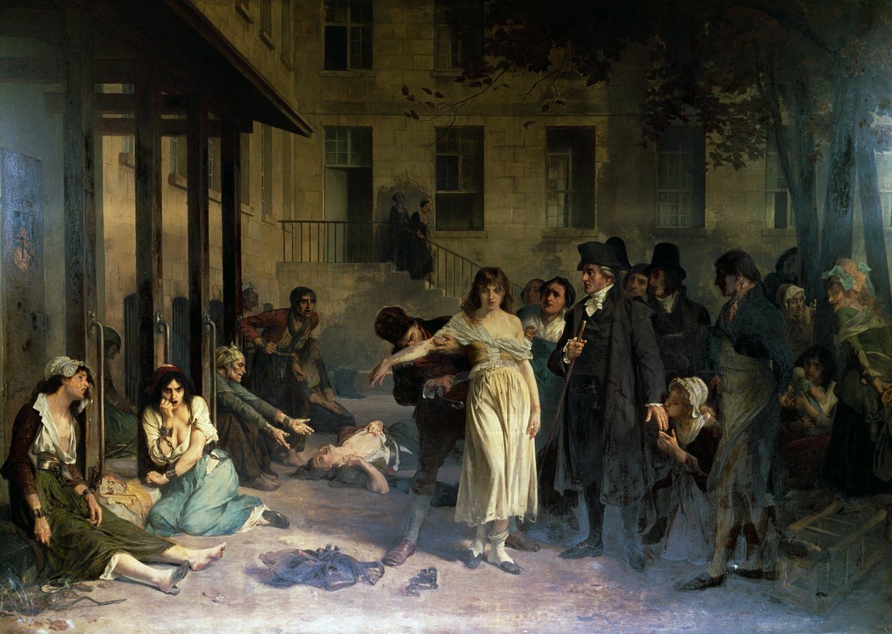 Psykiater Philippe Pinel (1745-1826) løslater sinnssyke fra lenkene deres på Salpetriere-asylet i Paris i 1795, maleri av Tony Robert-Fleury (1837-1911) av Tony Robert Fleury