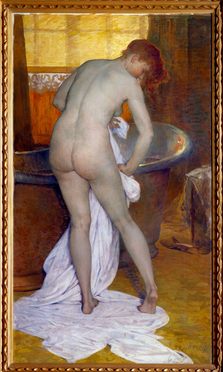 Badet. Scene på et bad: En kvinne ut av badekaret tørker den nakne kroppen med et håndkle. Maleri av Tony Robert Fleury (1837-1912) av Tony Robert Fleury