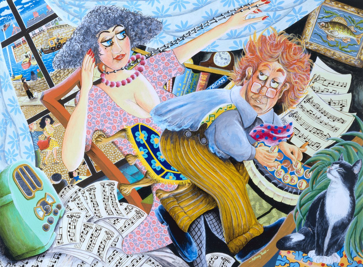 Organ Morgan spiller med velbehag en morgensalme for sin romantiske kone, 2007 (akryl på panel) av Tony Todd