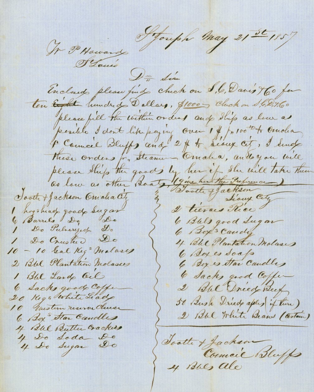 Brev signert Tootle & Jackson, Council Bluffs, til W.P. Howard, St. Louis, 21. mai 1857 av Tootle and Jackson