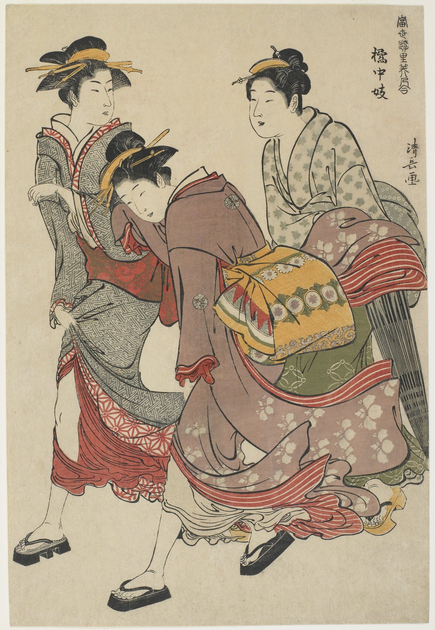 Entertainers of Tachibana-cho, 1782 (farget treblokktrykk) av Torii Kiyonaga