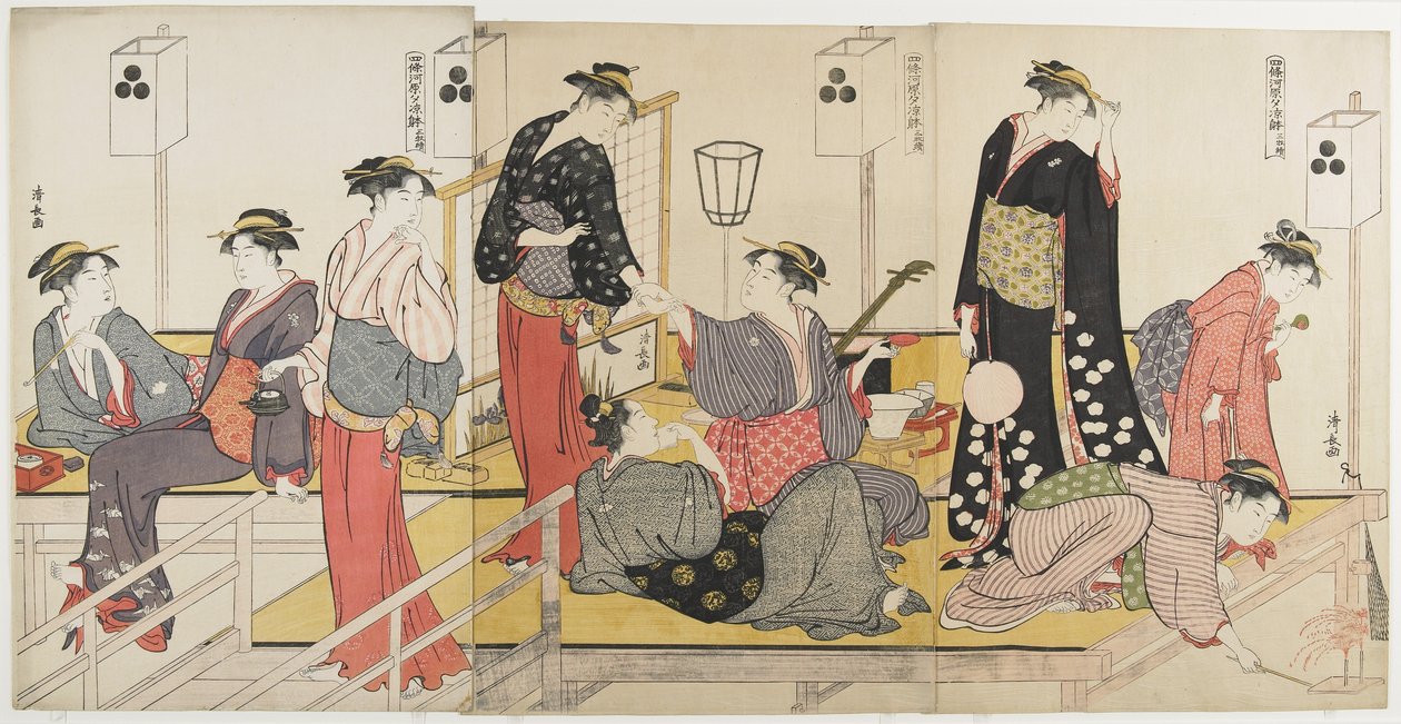 Triptych of Cooling off in the Evening at Shijo_ Riverbank, 1784 av Torii Kiyonaga