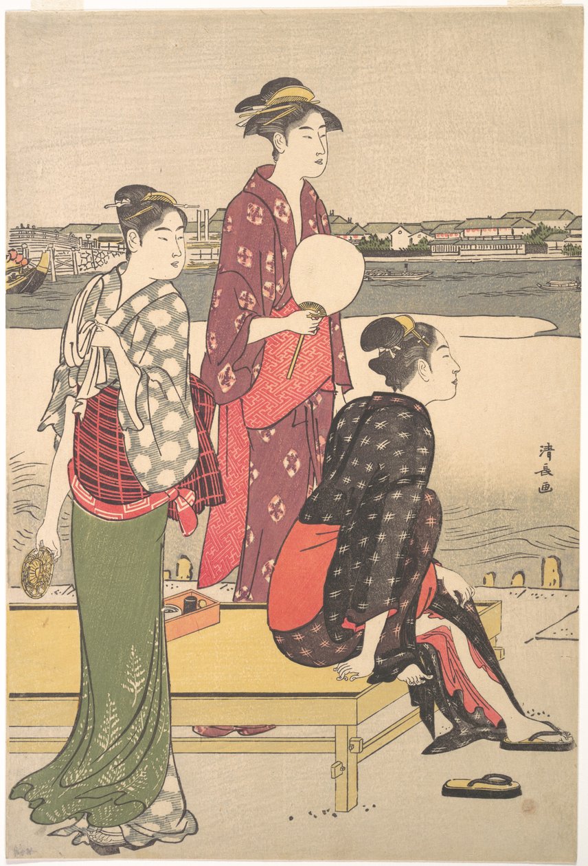 Ukiyo-e fullfargetrykk av tre skjønnheter av Torii Kiyonaga av Torii Kiyonaga