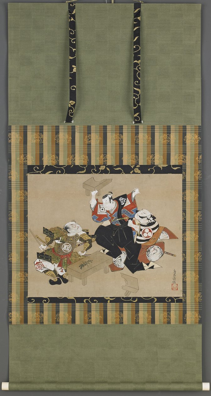 Scene fra et Kabuki-skuespill, Edo-perioden (blekk, farge og gull på papir) av Torii Kiyonobu I Torii Kiyonobu I