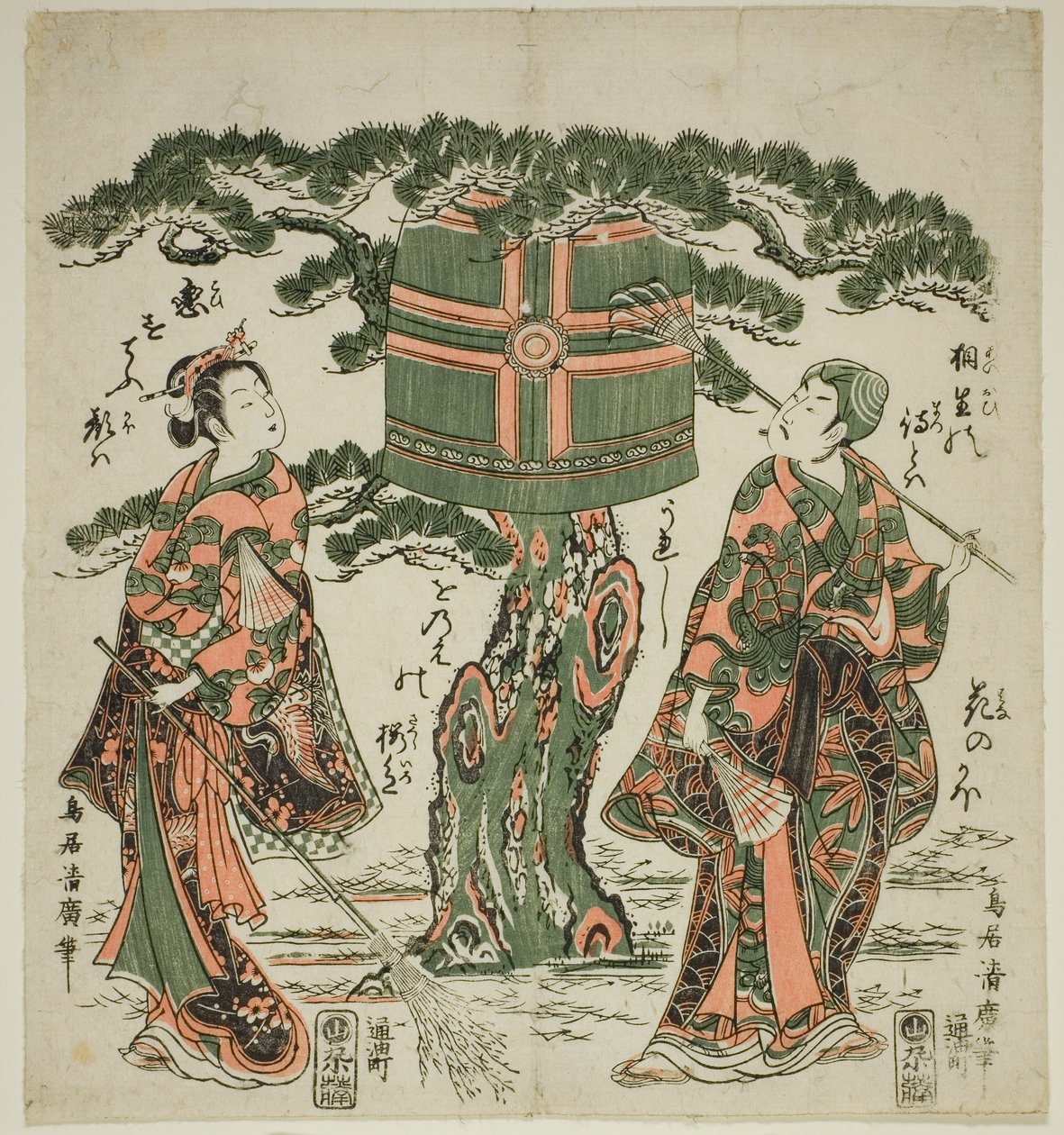 Skuespillerne Ichimura Kamezo I som Jo og Ichimura Kichigoro som Uba i en scene fra Takasago av Torii Kiyohiro