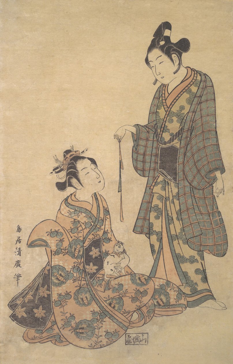 Kvinne sitter og holder en katt, ca. 1755. av Torii Kiyohiro
