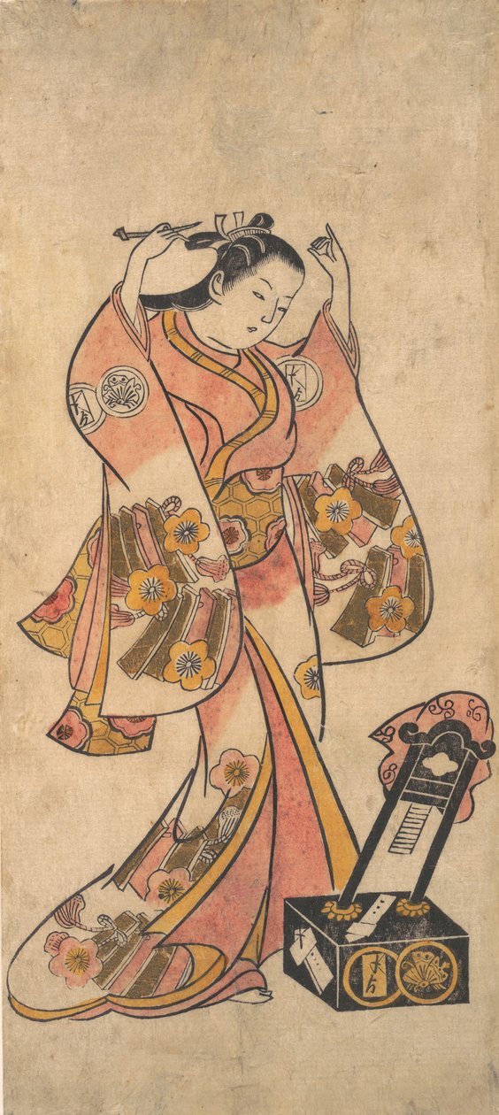Sanjo Kantaro som en kvinne som ordner håret foran et lakkspeil, før 1763. av Torii Kiyomasu II.