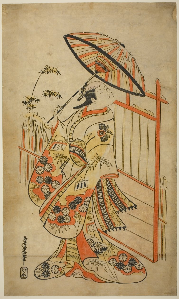 Skuespilleren Sanogawa Mangiku I som Sanada, datteren til spinneren Itoya, i stykket "Hiragana Yomeiri Izu Nikki," fremførte på Nakamura Theatre i den ellevte måneden, 1718 av Torii Kiyomasu II