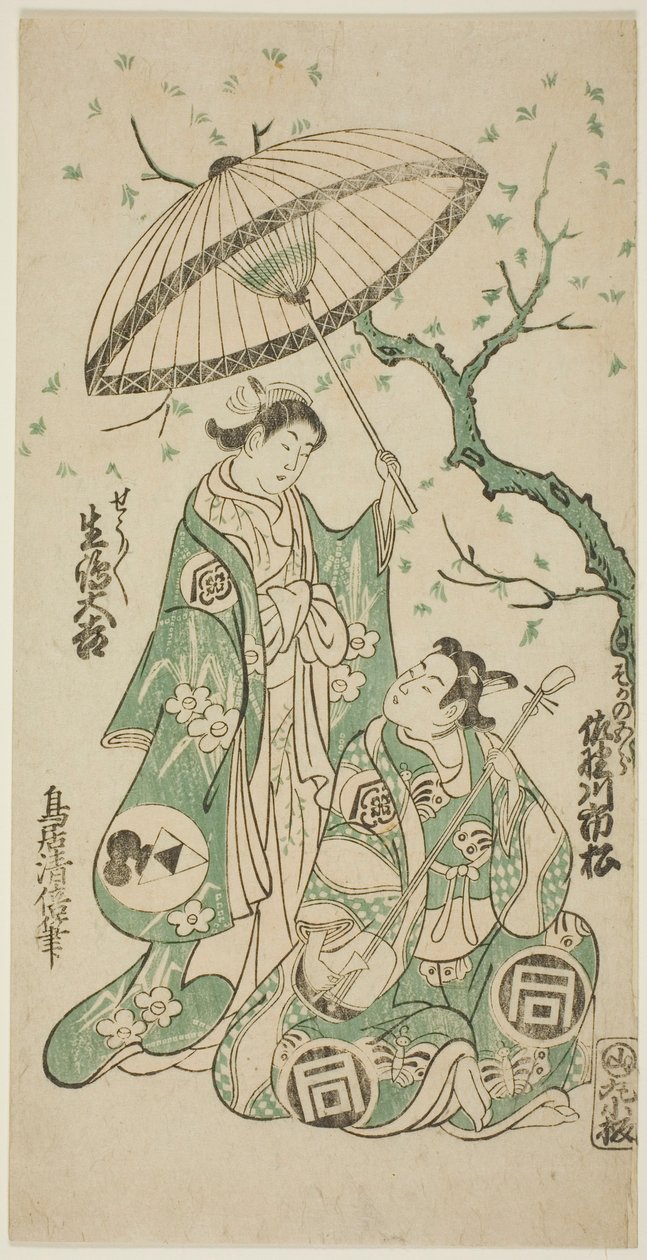 Skuespillerne Sanogawa Ichimatsu I som Soga no Goro og Ikushima Daikichi II som Kewaizaka no Shosho i stykket "Monzukushi Nagoya Soga," fremførte på Ichimura Theatre den første måneden, 1748 av Torii Kiyomasu II