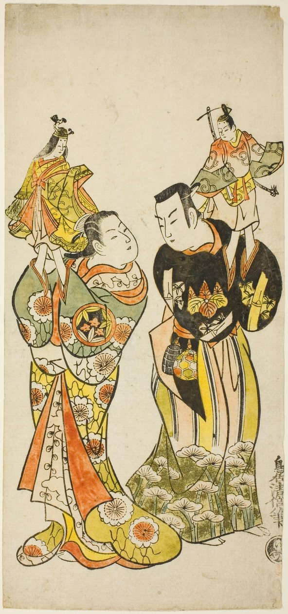 Skuespillerne Yamashita Kinsaku I og Hayakawa Hatsuse som dukkespillere i stykket "Dagbok holdt på en reise til Izu" ("Funadama Izu Nikki"), fremført på Nakamura Theatre den første måneden, 1725 av Torii Kiyomasu II