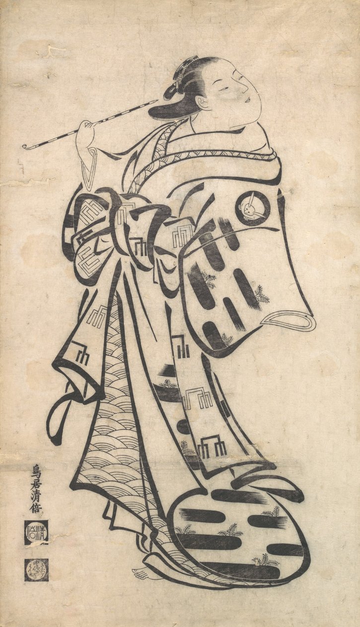 En Oiran som står, et rør i høyre hånd og snur seg for å se bak over skulderen hennes..., ca. 1705. av Torii Kiyomasu I