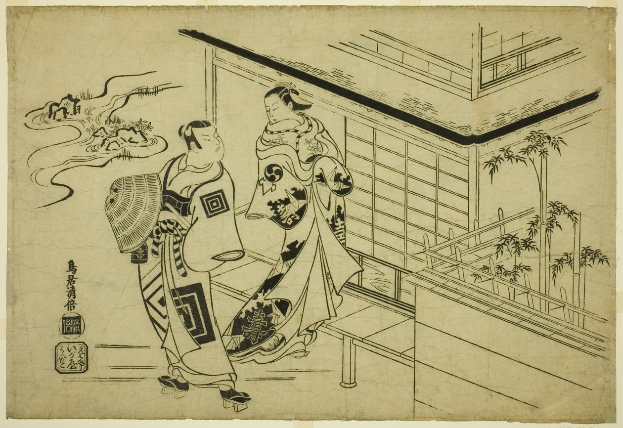 Skuespillerne Nakamura Takesaburo I som Kewaizaka no Shosho og Ichikawa Danjuro II som Soga no Goro i stykket "Bando Ichi Kotobuki Soga," fremført på Nakamura Theatre den første måneden, 1715 av Torii Kiyomasu I