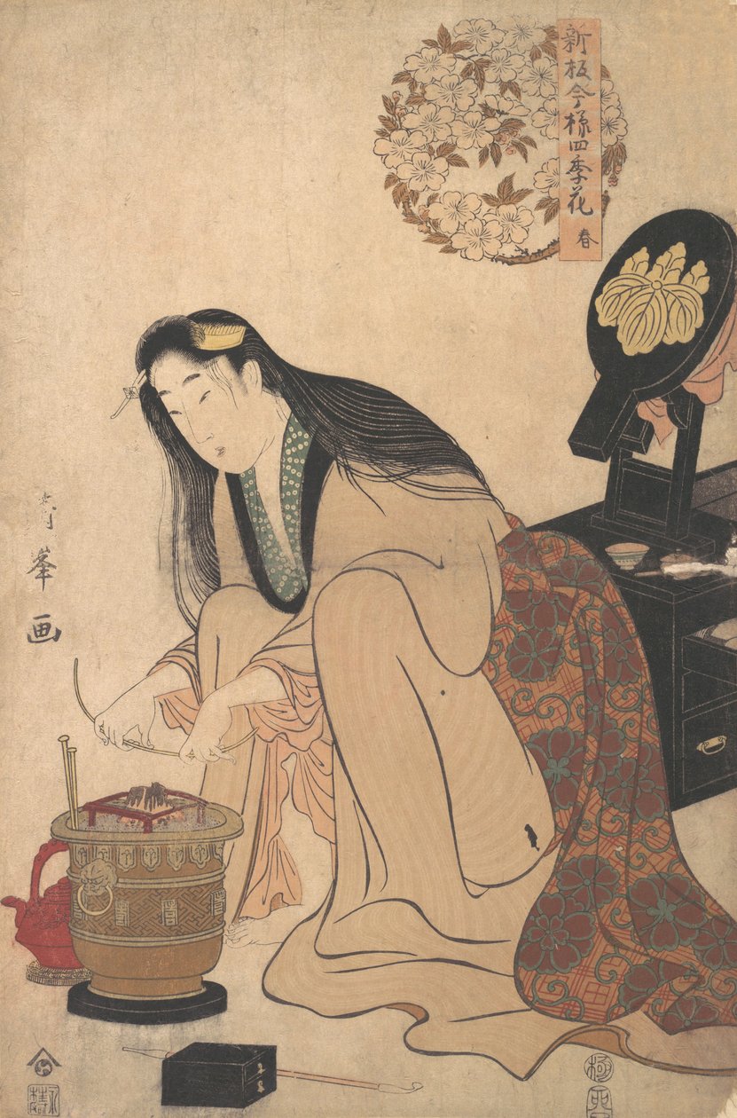 Lady arrangerer Binsashi-støtte for håret over templene for å sette i håret hennes, ca..., ca. 1808. av Torii Kiyomine
