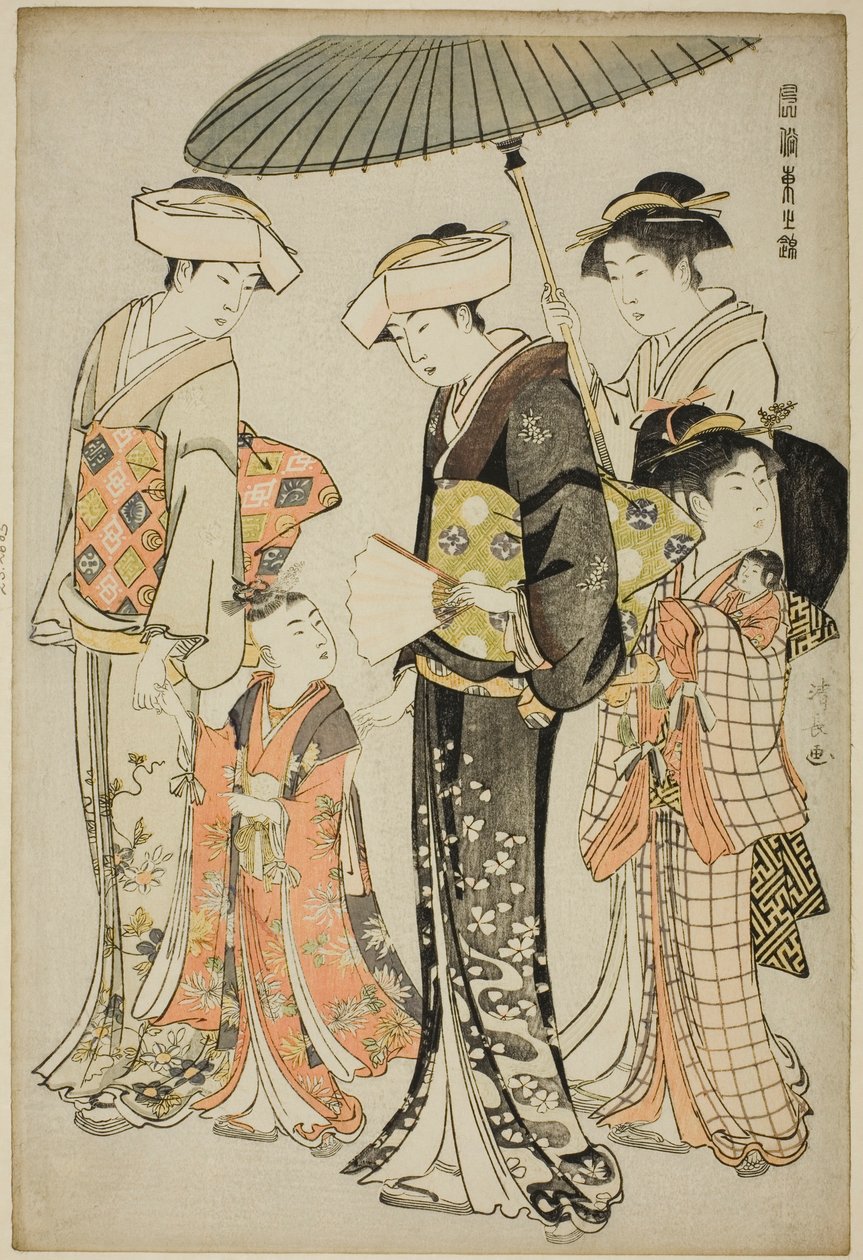 A Girl and Four Servants, fra serien "A Brocade of Eastern Manners (Fuzoku Azuma no nishiki)" av Torii Kiyonaga
